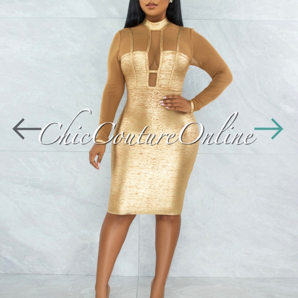 Mesh Gold Foil Luxe Bandage Midi Dress